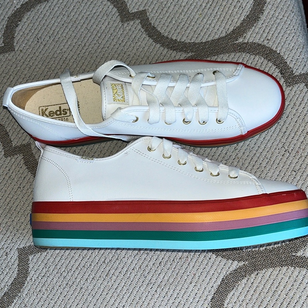 Keds White Platform Sneakers with Rainbow Stripe Sole - Picture 3 of 10